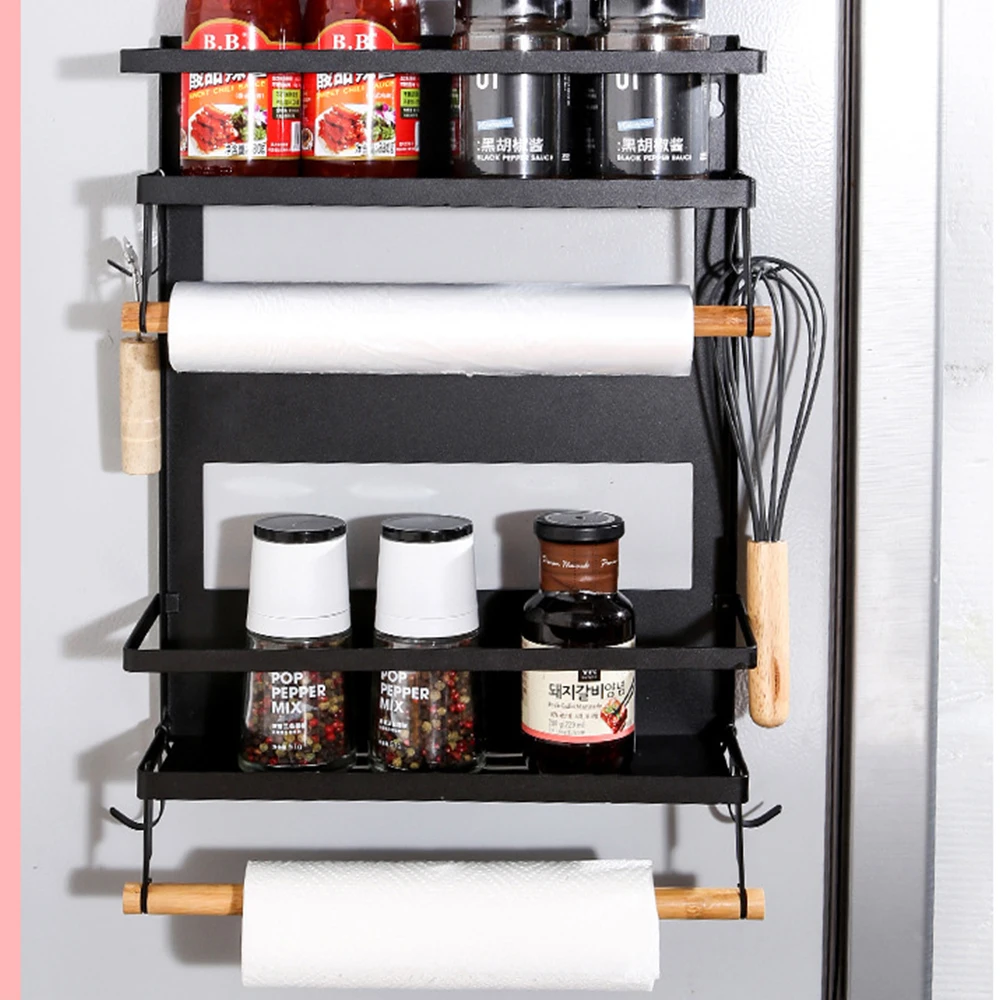 2023 Kitchen Carbon Steel Wall Mounted Spice Shelf Display Hole-free Fresh Film Bag Storage Rack Refrigerator Drink Organizer