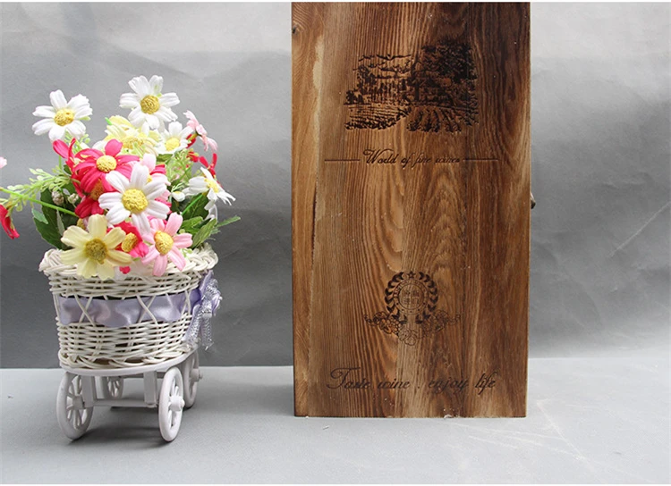 Vintage Custom Dark Torched Brown Pine Wood Double Wooden Wine Box