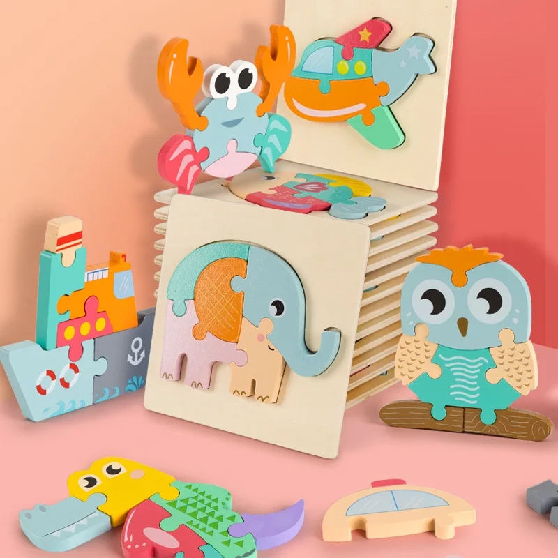 16 Types Wooden Jigsaw Puzzles Board Early Educational Wood Cartoon Animal Shaped Jigsaw 3D Wooden Puzzles For Kids