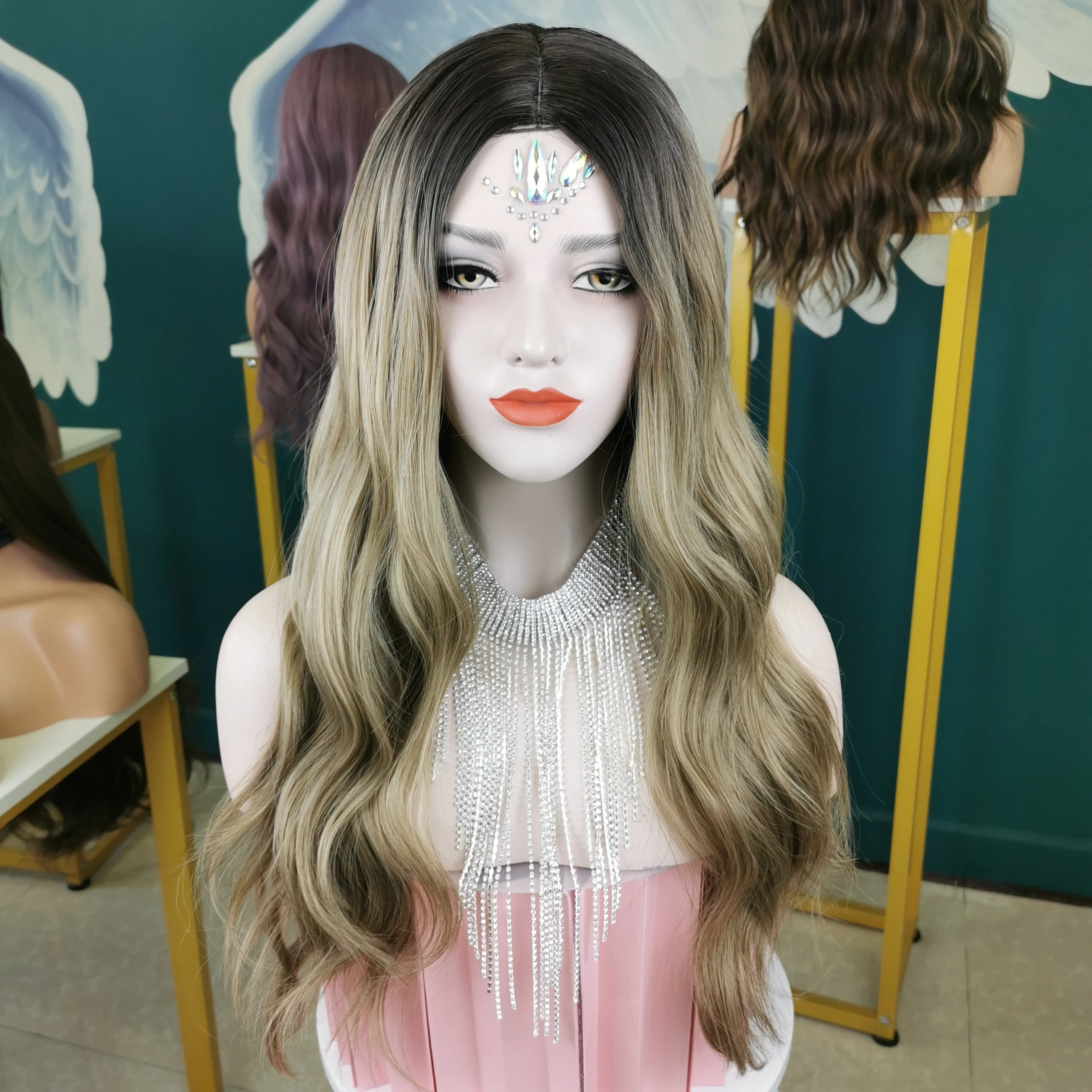 2022 Wholesale Korean style high quality fashion with brown roots synthetic curly lace front wig