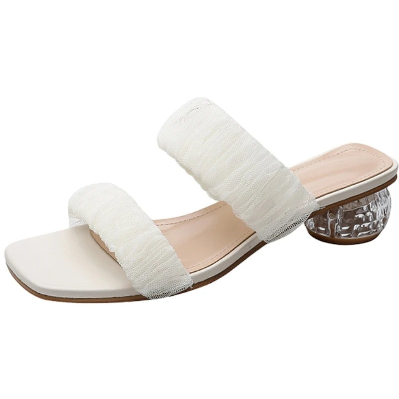 Ladies Sandals 2022 Summer New Arrival Clear Crystal Heel Pearl In-Line Straps Fairy Style 31-43 Size Sandals Slippers For Women