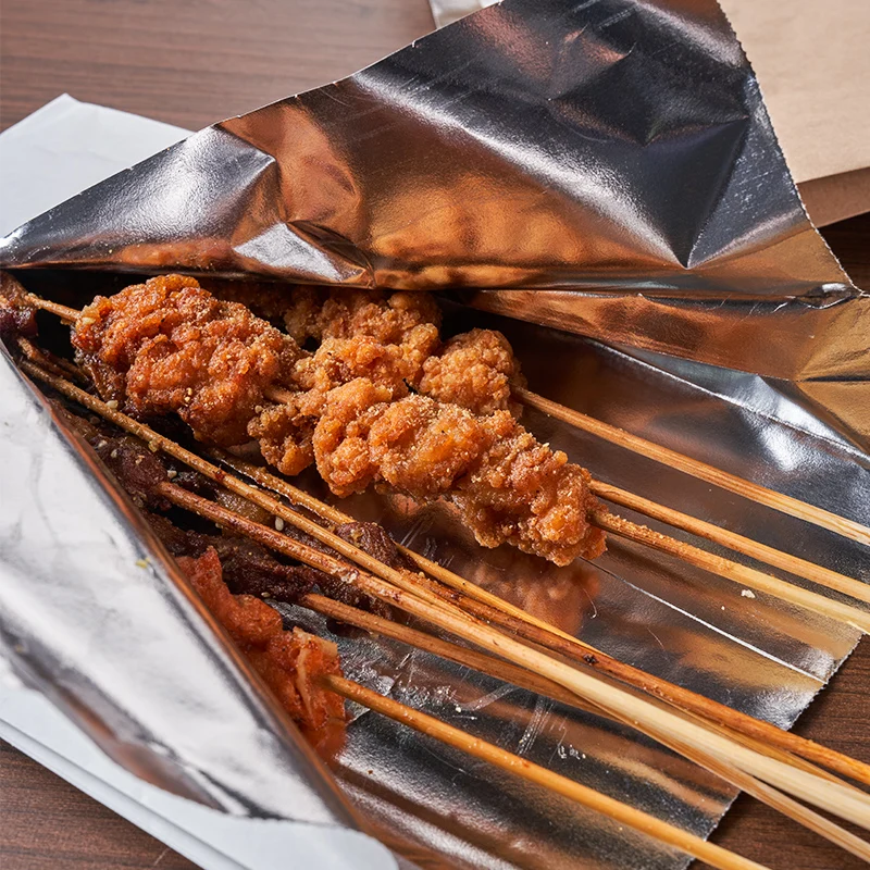 Eco-Friendly Disposable Food Grade Aluminium Foil Double-Layerd Paper Bag Anti-Sticking Barbecue Skewers Packaging Bag
