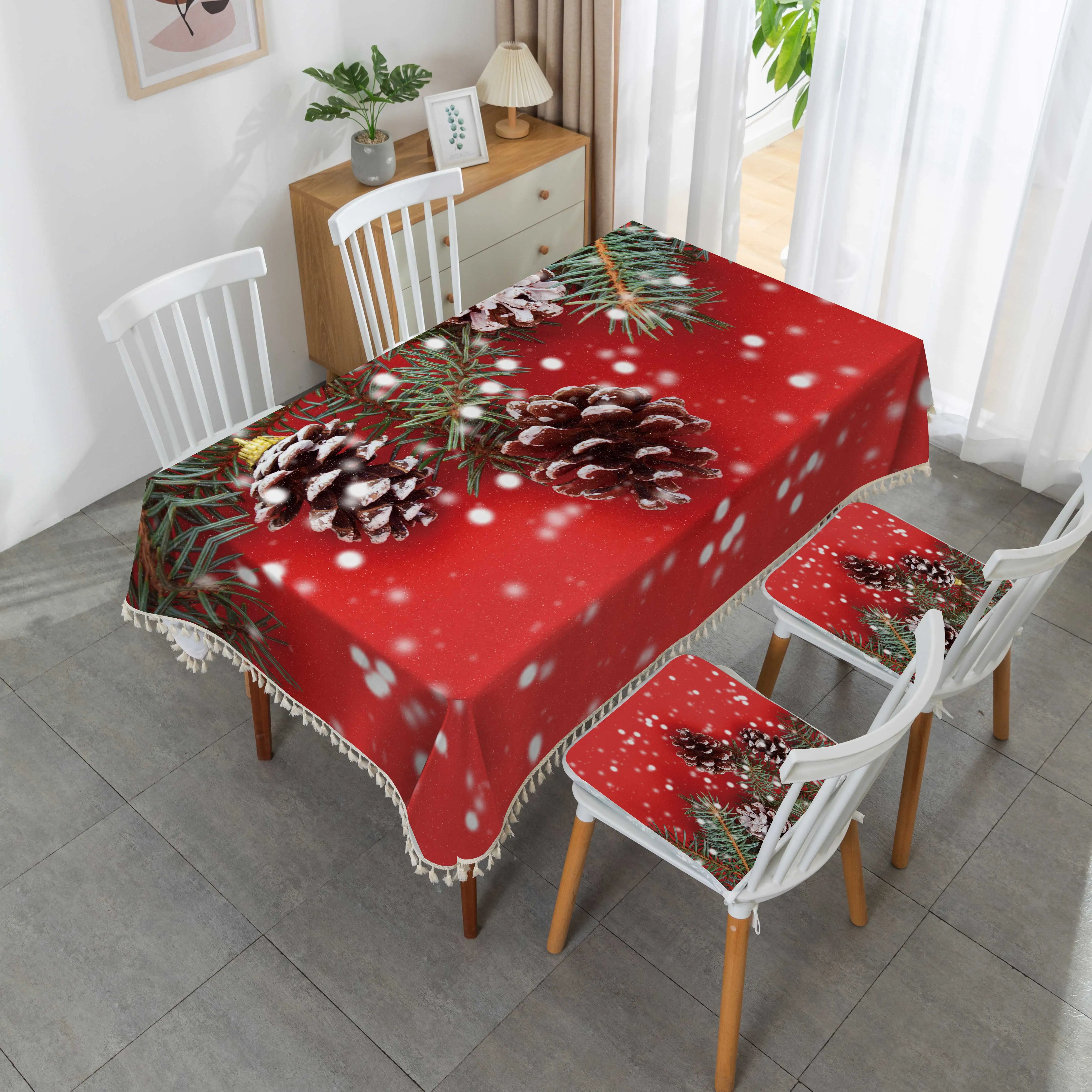 Wholesale Polyester Waterproof Printing Custom Christmas Customized Square with Tassel Cotton Linen Tablecloths Table Cover 