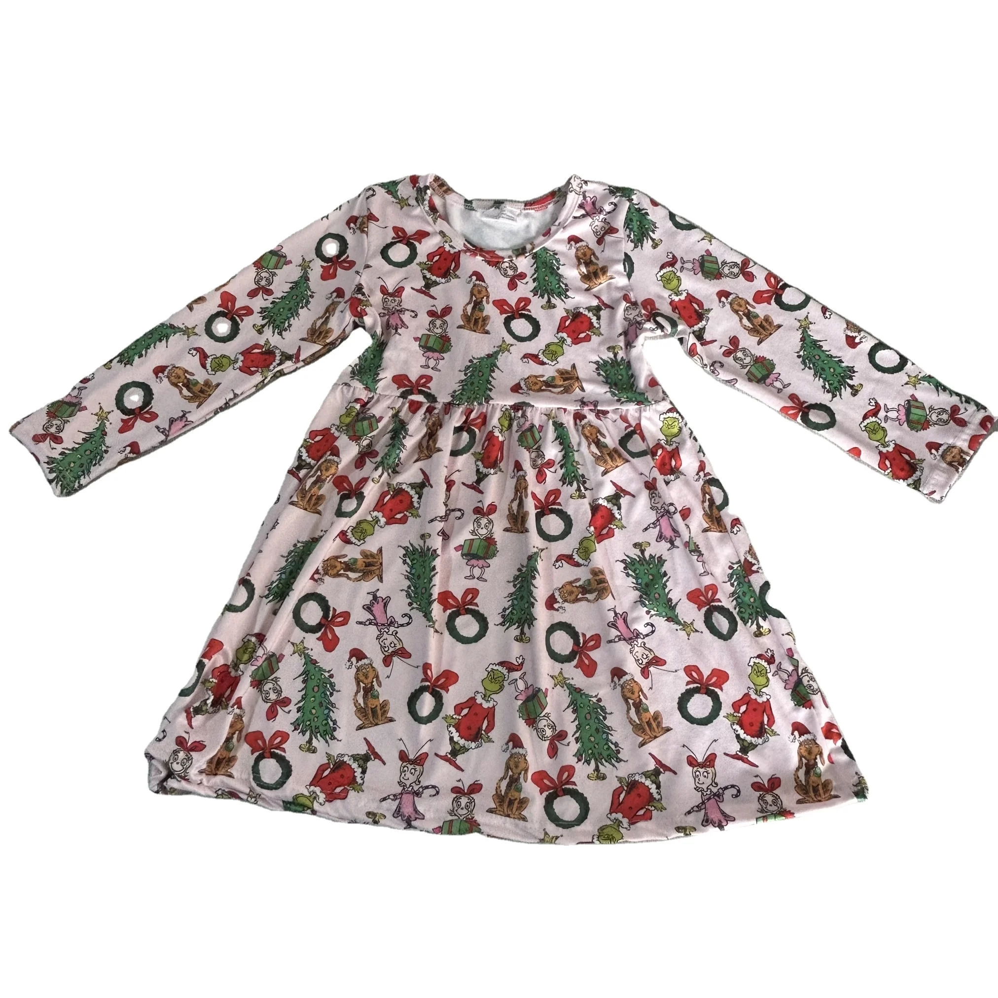 Wholesale children clothing boutique hot selling milk silk  house print Christmas  dress for kids girl 4 to 5 years old