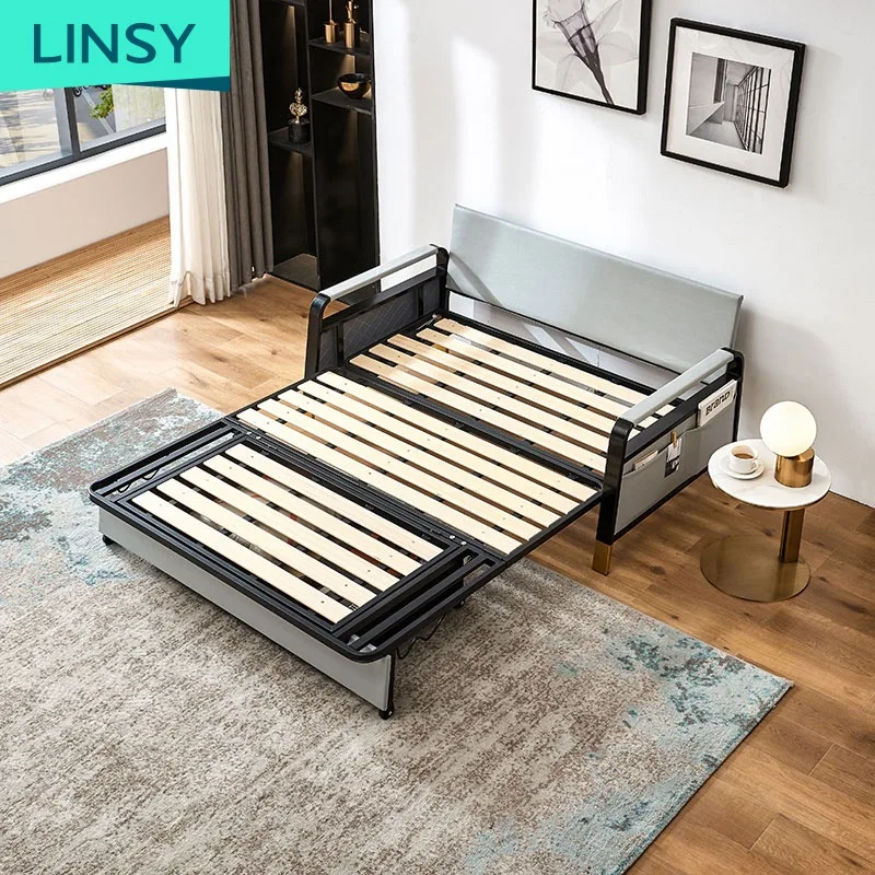 Linsy Popular Design Wood Hotels Adjustable Folding Foam Double Function Grey Storage Multifunctional Sofa Bed LS182SF3