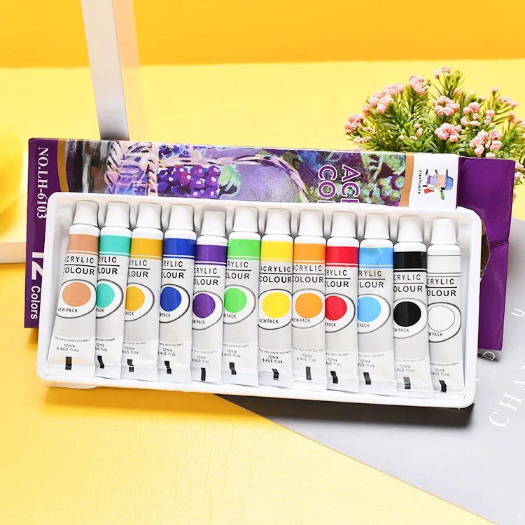 Acrylic Paint Set Non Toxic 12ml 12 Colors Tubes Pigment Paints for Canvas Wood Clay Fabric Ceramic Crafts for Kids and Adults