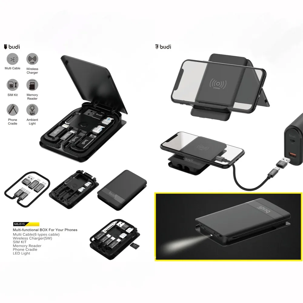 
budi wholesale phone wireless charger box with 6 in 1 usb cables sim kit TF card memory reader phone holder LED light for mobile 
