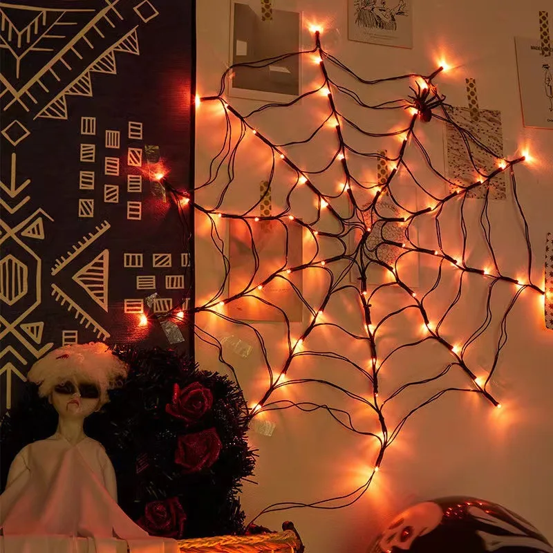 Halloween Eve Wall Decoration USB Powered Led Hanging Spider Web String Light With Remote Control For Party