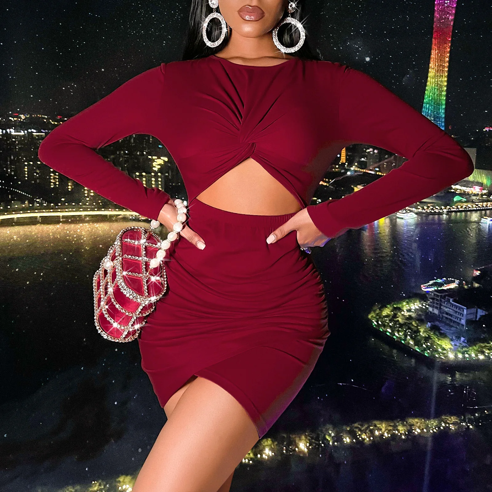 Hot Sale Fashion elegant prom dresses Ruched Long Sleeve Sexy Bodycon casual Mini Dress Women