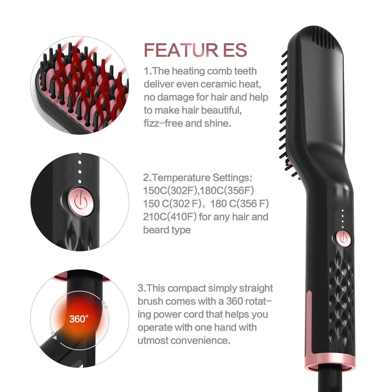 Ceramic Ionic Heating Control Beard Straightener Brush Anti-Scald Electric Multifunctional Quick Straightener Hair Styler Comb
