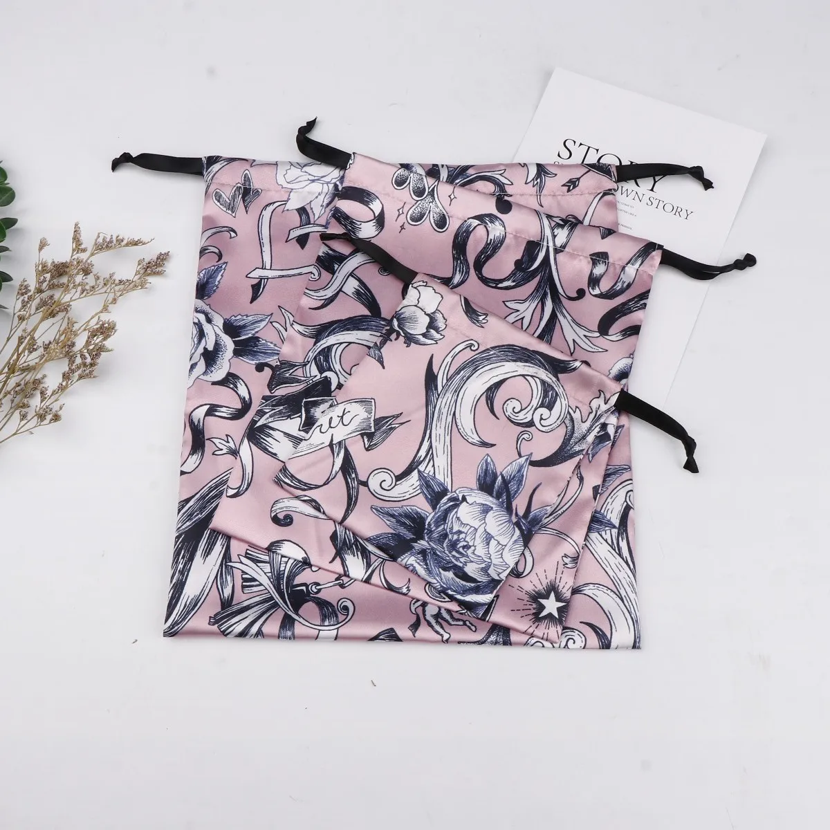 ISO9001 factory custom digital allover printing satin drawstring dust bag for tarot card