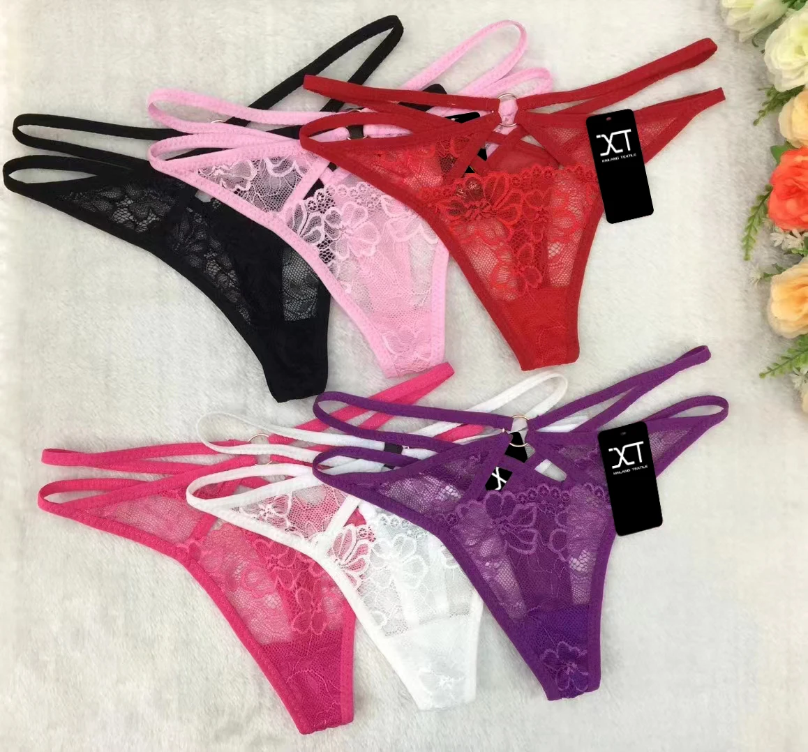 Wholesale thongs and g strings Lace flower lace ladies sexy underwear transparent women sexy string panties lace