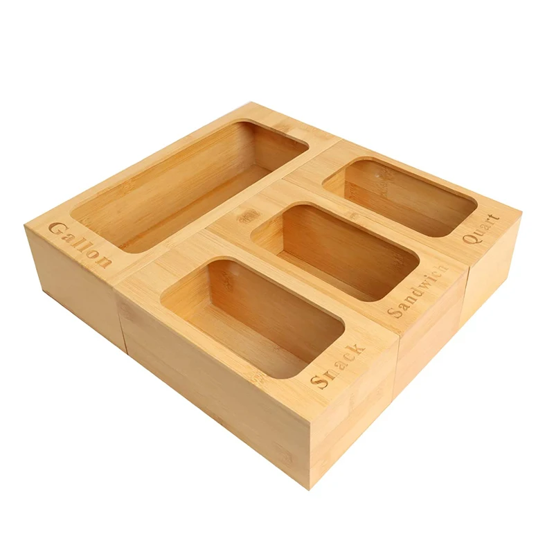 Set of 4 Food Storage Bag Organizers , Bamboo Ziplock Bags Holders for Gallon, Quart, Sandwich