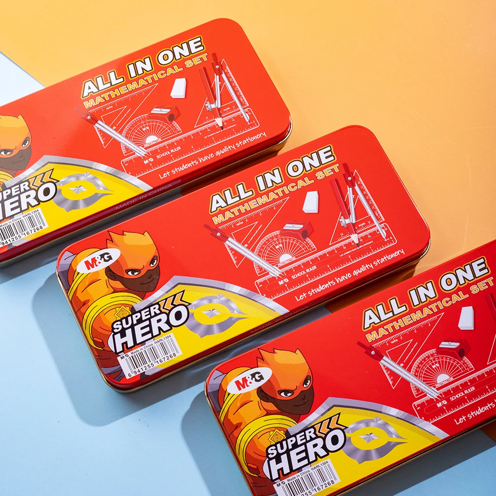 M&G Compasses Rulers Eraser Sharpener Pencil Timetable Metal Box Packing 10 Pcs Student Chinlden Math