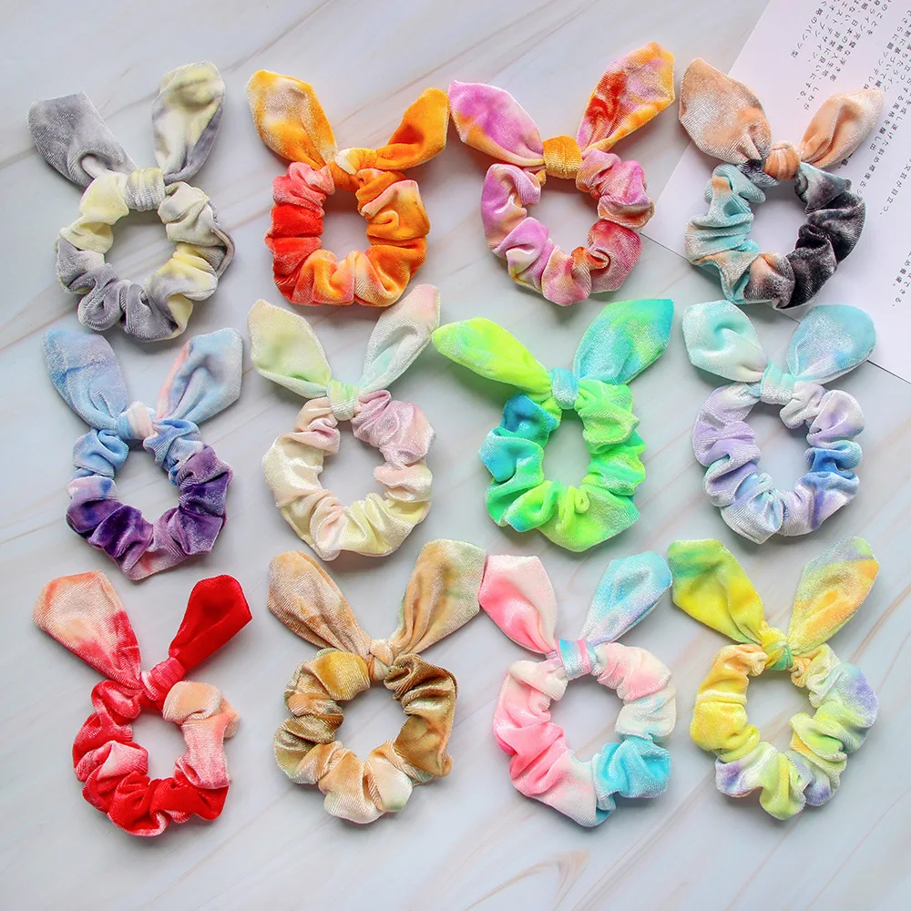 2021 korea designs latest gradient Elastic Ties Dye kids rabbit ears velvet HairBands hair scrunchie