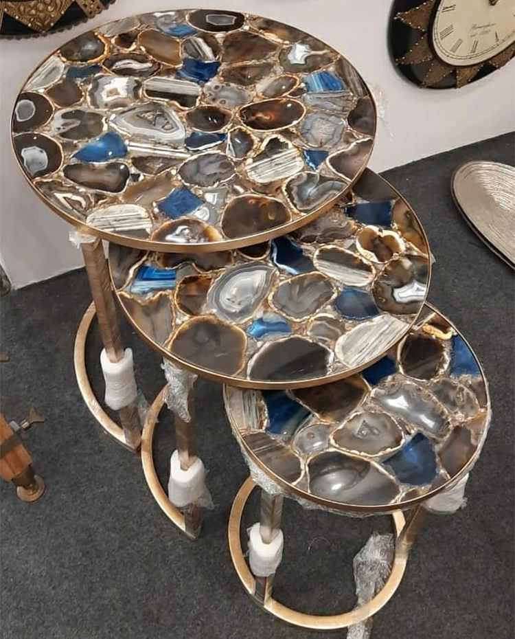 Semi Precious Stone Side Tables For Living Room Modern Multicolor Agate Onyx Marble Coffee Table