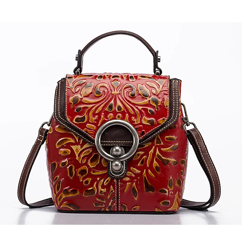
First Layer Cowhide Leather Embossed Flower Single Shoulder Messenger Bags Women Vintage Designers Handbags 