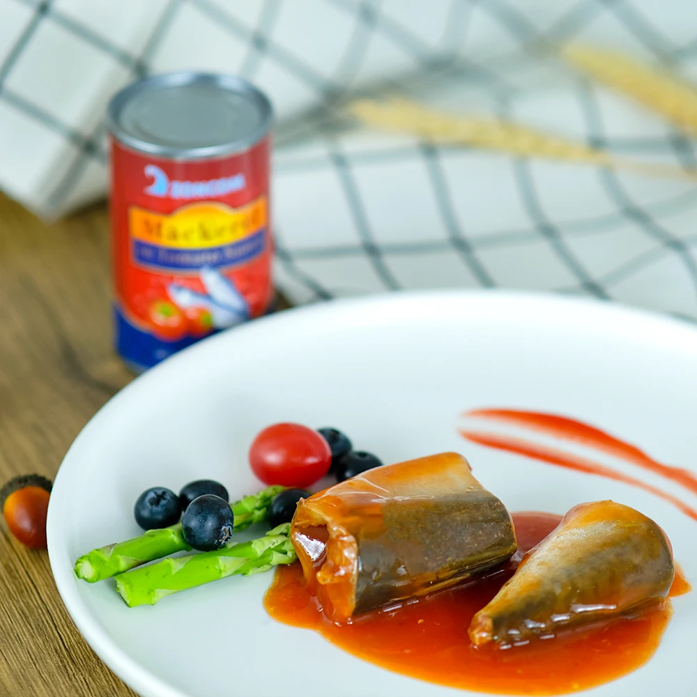 OEM Customized Brand Canned Mackerel Fish Tomato Sauce Preserved Water Salt Syrup Halal Certified Seafood