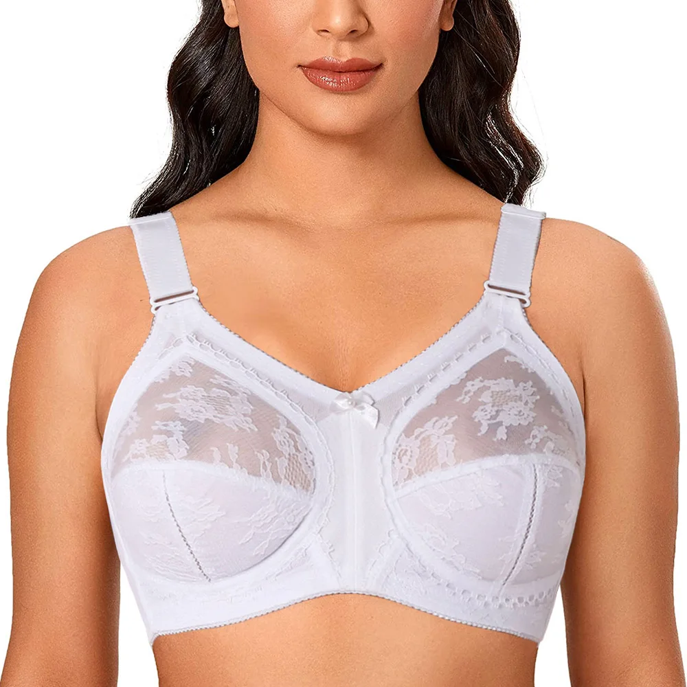 Women Unlined Full Coverage Ultra Thin Wireless Adjusted-straps D E F G H I White Big Minimizer Bras Plus Size Lace Bra