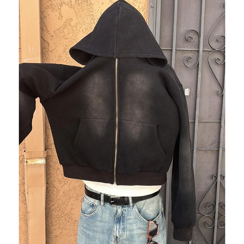 custom high quality waffle knit oversized distressed pullover no string heavyweight unisex boxy sun faded zip up hoodie for men