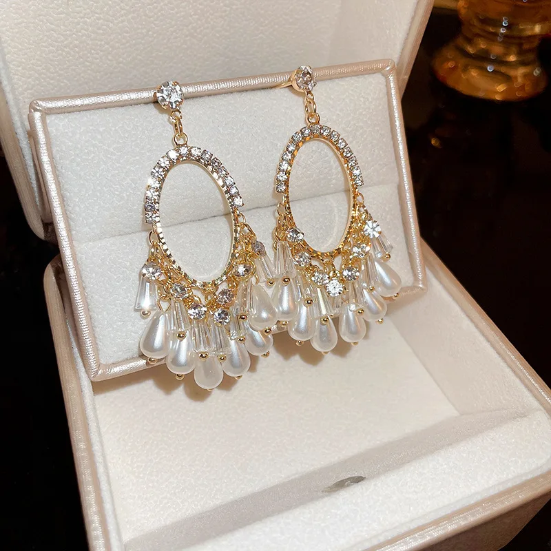 Rhinestone Oval Waterdrop Crystal Pearl Tassel Drop Earrings Retro Palace Style Earring Fashion Jewelry