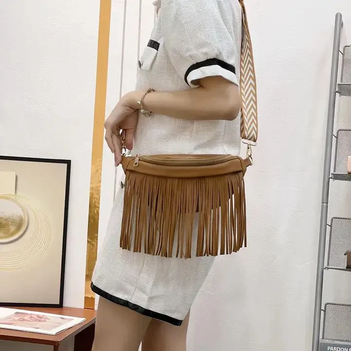 Fashion 2023 Trendy Hobo Waist Bag Shoulder PU Leather Fringed Tassel Crossbody Bags for Women