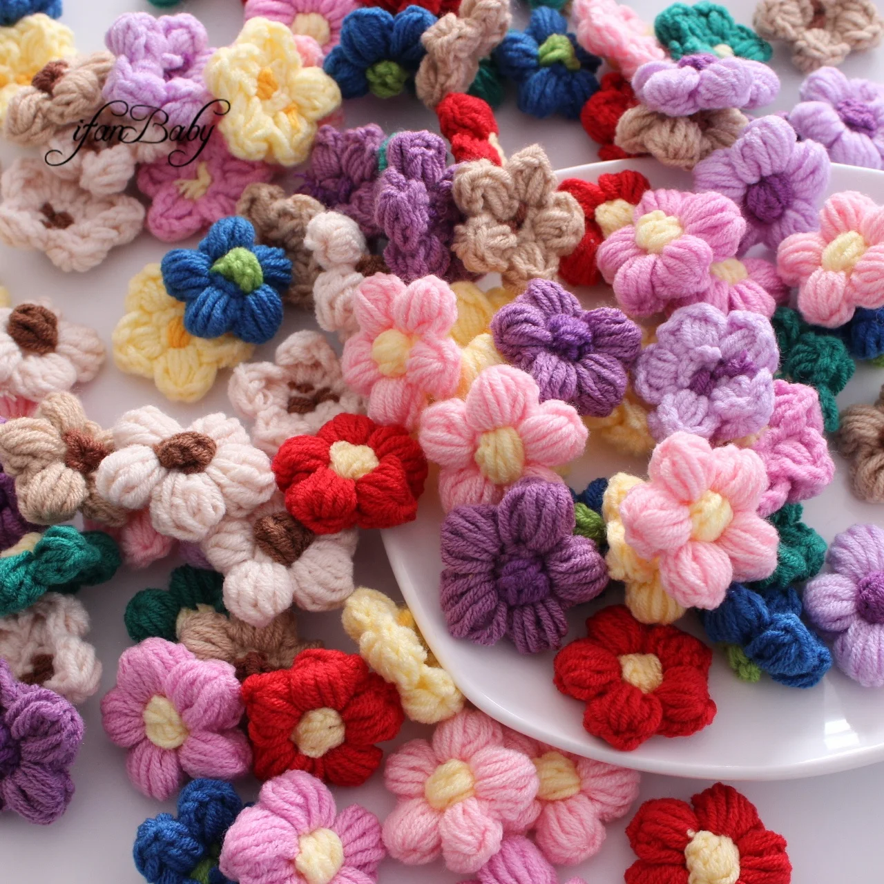 Cute Hand-knitted Hair Flower Crochet Flower For DIY Kids Girl Hair Clip Headwear Crafts Patches Puff Flowers