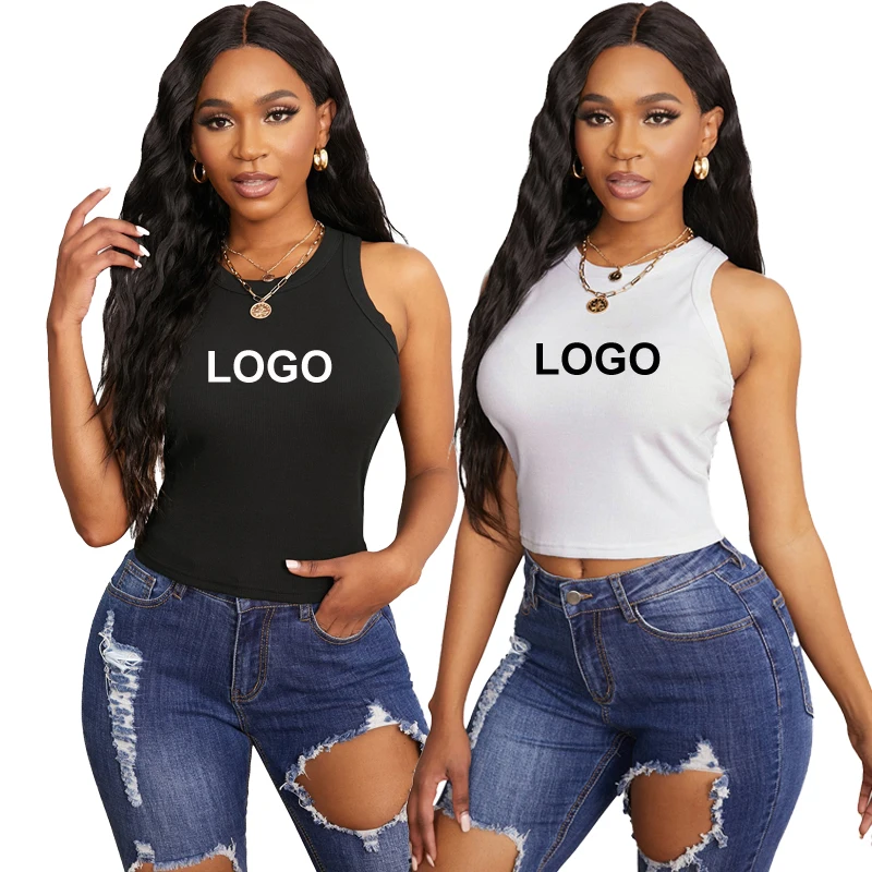 
2021 Hot Custom Logo Summer Lady White Black Ribbed Crop Tank Top Women 