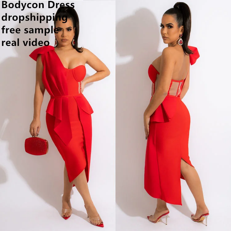 2022 New Arrivals Sexy Backless Club One Shoulder Sleeveless Halter Cutout Bodycon Midi Dress Elegant Peplum Women Dress