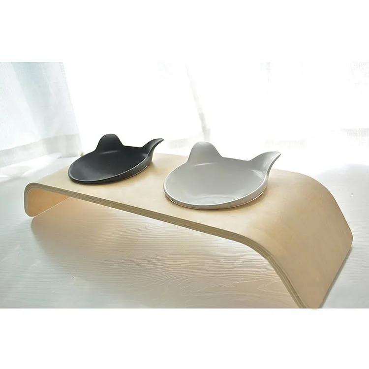 Оптовая продажа, деревянные керамические миски для собак и кошек с деревянной подставкой, двойная миска для еды, миска для собак и кошек