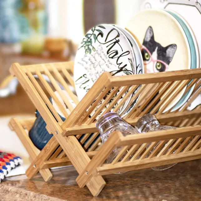 Custom Over The Sink Plate Dish Rack Kitchen Folding Bamboo Dish Drying Rack