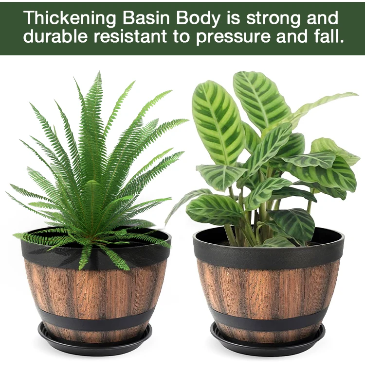 Flower Pots Wooden Whiskey Barrels Shaped Plant Tubs Rustic Flower Bucket for Indoor Outdoor Garden Yard