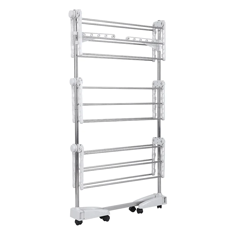 Luxury half foldable wings 3 tiers clothes drying rack with wheels space saving