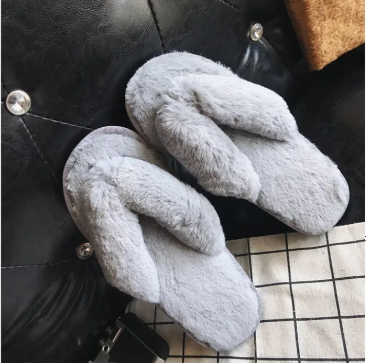 Women House Slippers Warm Faux Fur Ladies Cross Soft Plush Furry Female Open Toe Fashion Flip Flops Slides