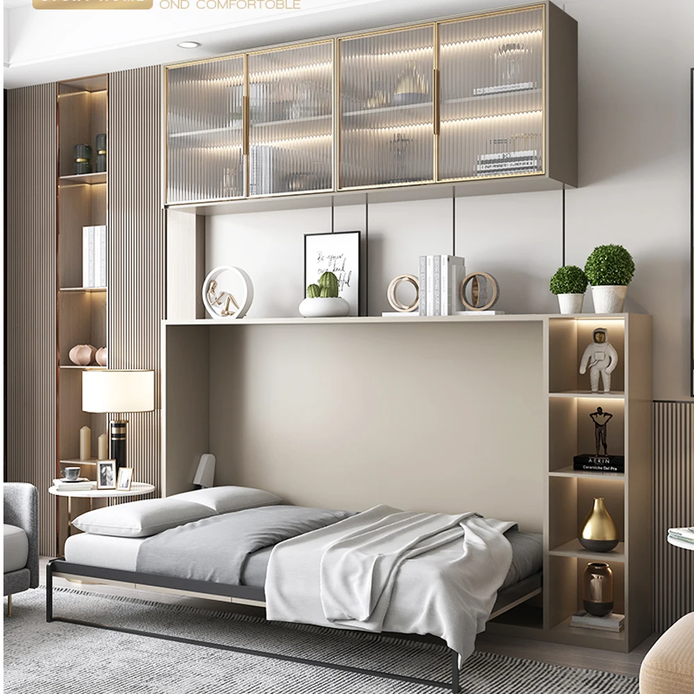 Custom Made Wall Folding Murphy Wooden Beds Smart Multi functional Single Double Queen King Size Bed Frame With Storage Cabinets
