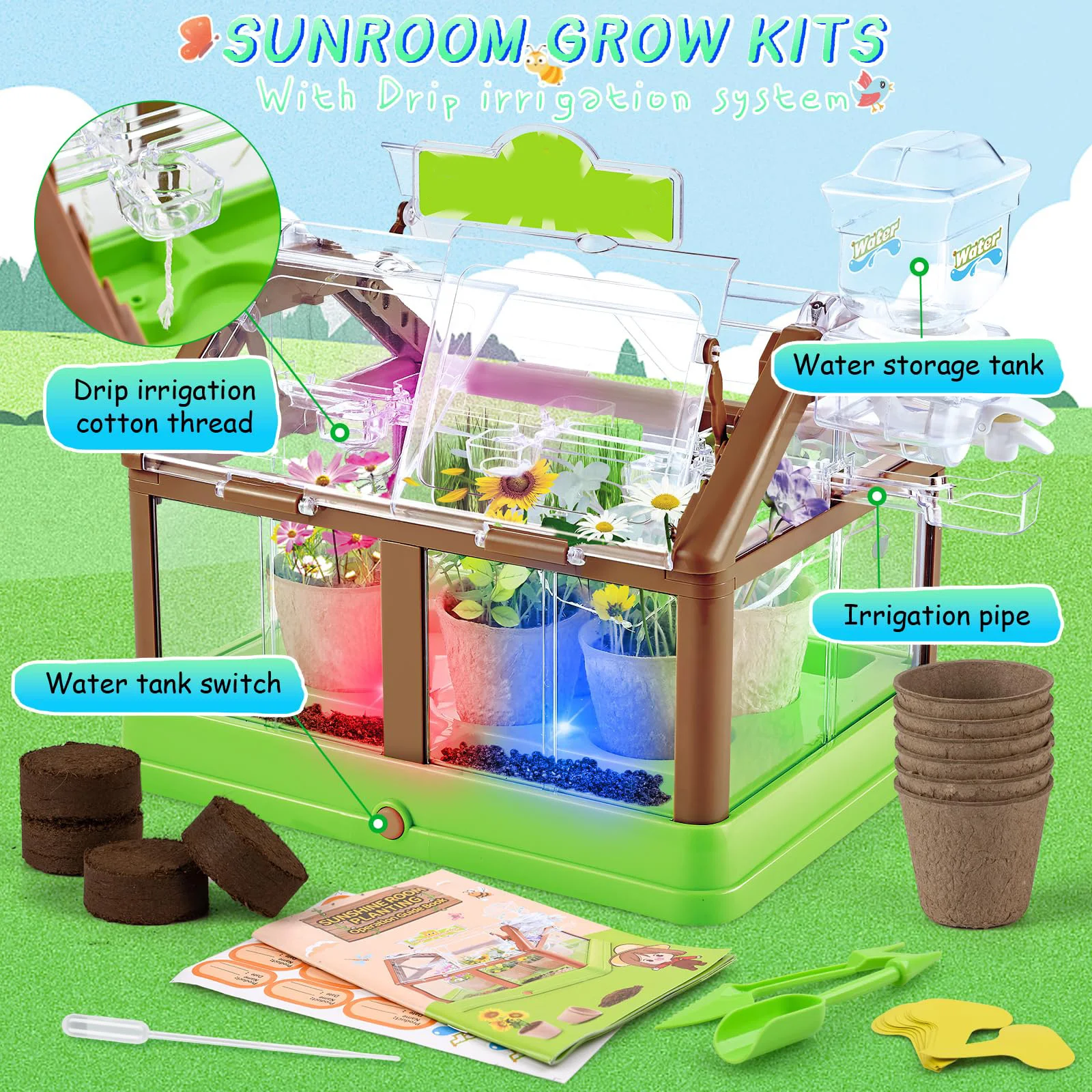 DIY Plant Sunshine Room Greenhouse Grow Room Garden Set Plant Growing Kit for Kids Drip Irrigation System and Grow Light