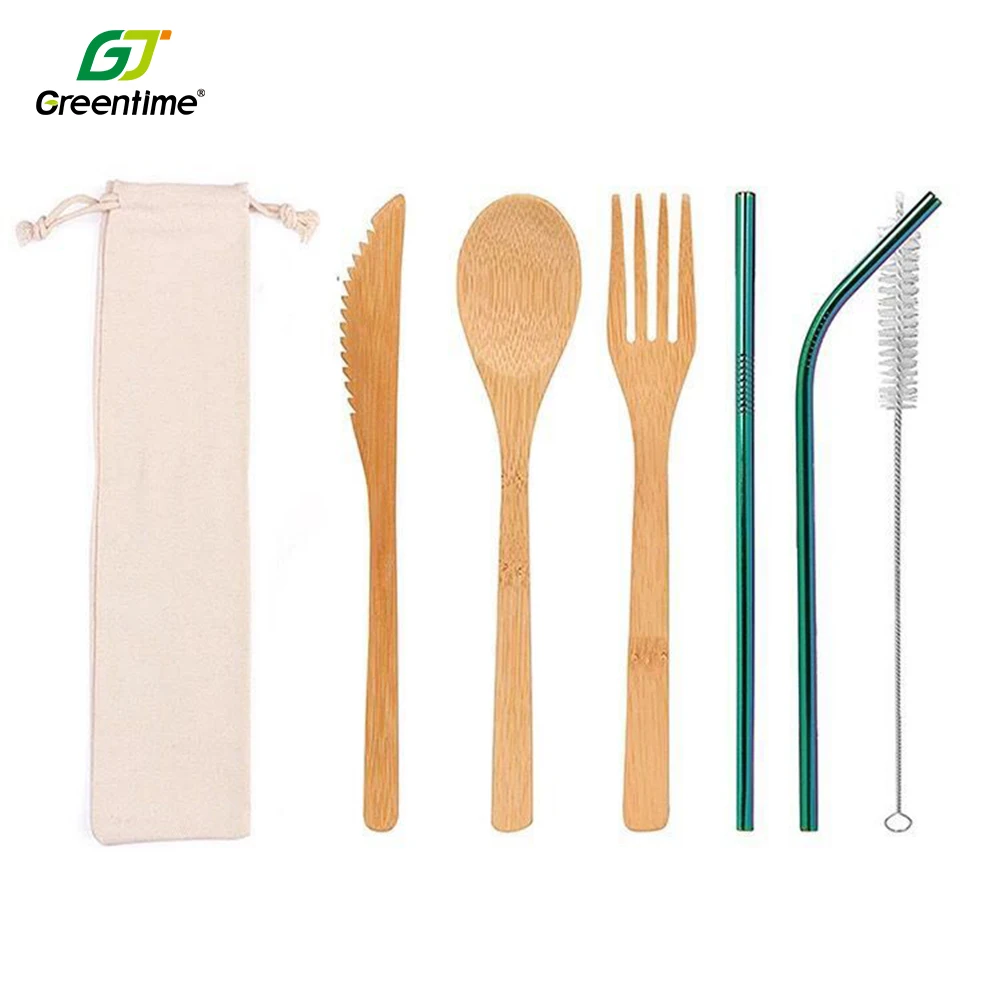 Customized Logo Wood Spoon Fork Knife Straw Biodegradable Bamboo Disposable Cutlery Set With Packs For Party Travel Utensils