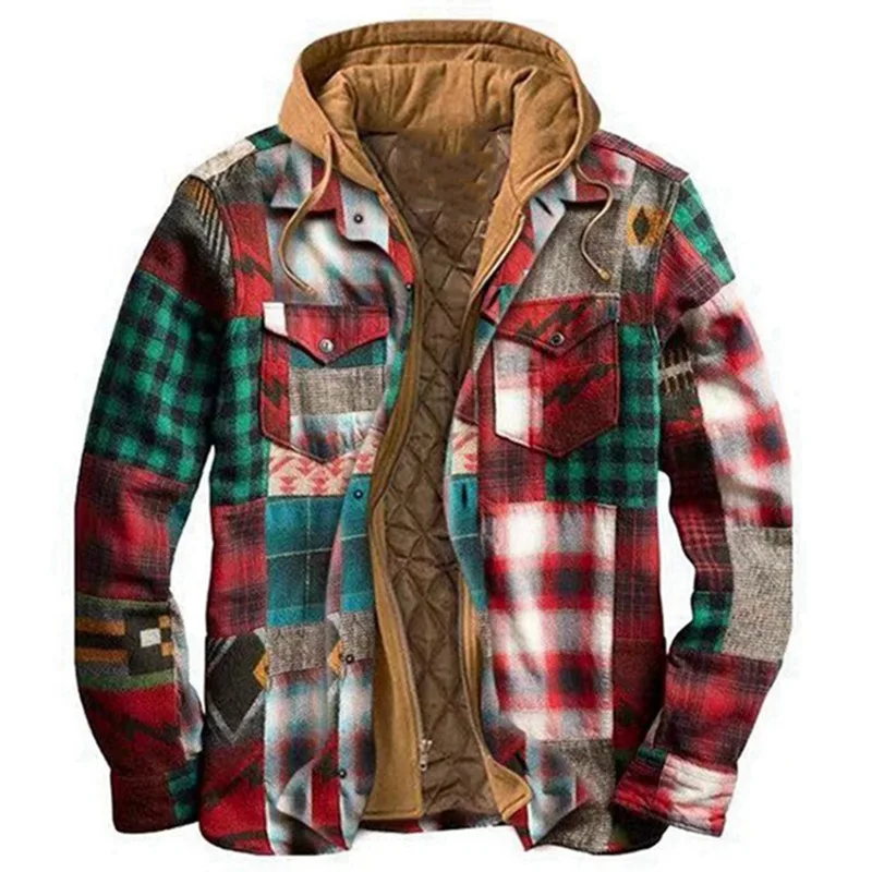 Thickened Cotton Printed Hooded Long Sleeve Button Warm Padded Flannel Winter Jacket Coat Mens