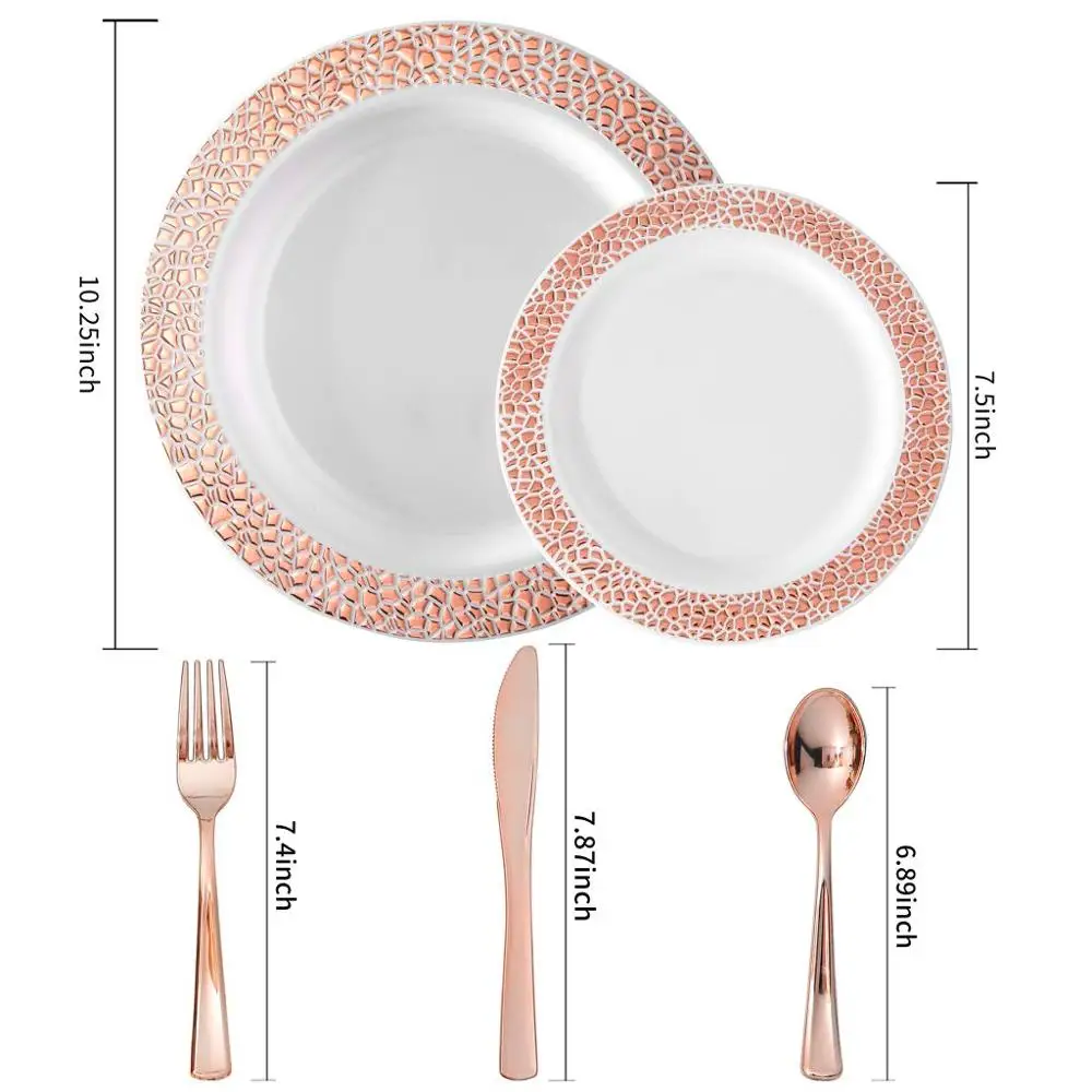 Gold Plastic Plates Disposable Silverware,Hammered Design Plastic Tableware Dinner Plates,Salad Plate Forks, Knife,Spoon