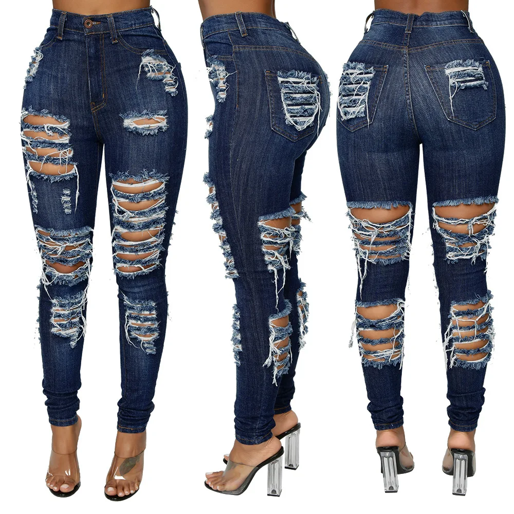 
In Stock ripped jeans pant women pantalon high wasted scrunch bottom distress Female Denim Jeans 