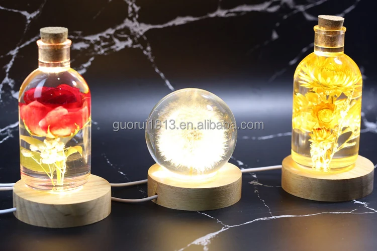 Luxury Cute Real Flower Ball Night Light Pressed Flower Crystal Wood Base Led Night Light Decoration Atmosphere Light