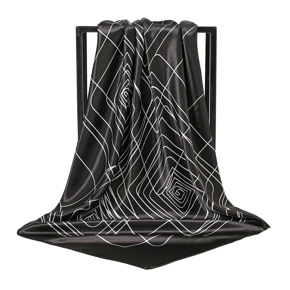 New Arrival 90*90cm Woman Bandana Printed Geometry Hair Band Square Satin Silk Scarf Hijabs