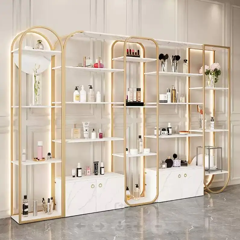 Luxury Makeup Display Stand Showcase for Beauty Salon Custom Wooden Metal Cosmetic Shelves Display Cabinet