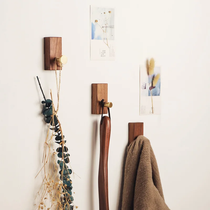 Nature Wooden Adhesive Wall Hook Black Walnut Wood Solid with Brass