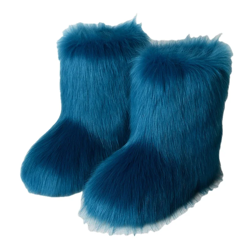 2023 Hot Sale Large Winter Warm Furry Boots Middle Boots Thickened Fur Flat Sole Snow Boots Women Shoes