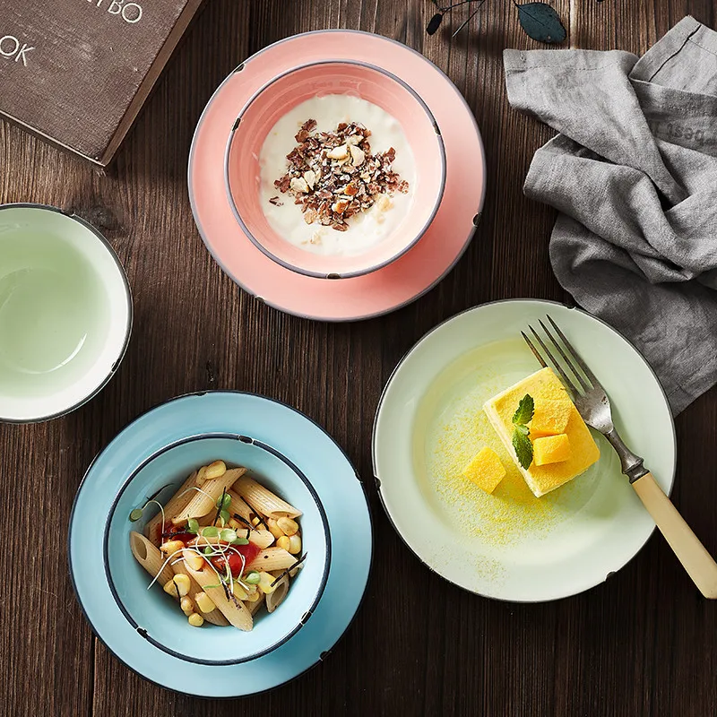 Nordic Simple Colorful Ceramic Western Steak Plate Creative Japanese sushi Cake Plate Round Dinnerware Rice Soup Noodle Bowl