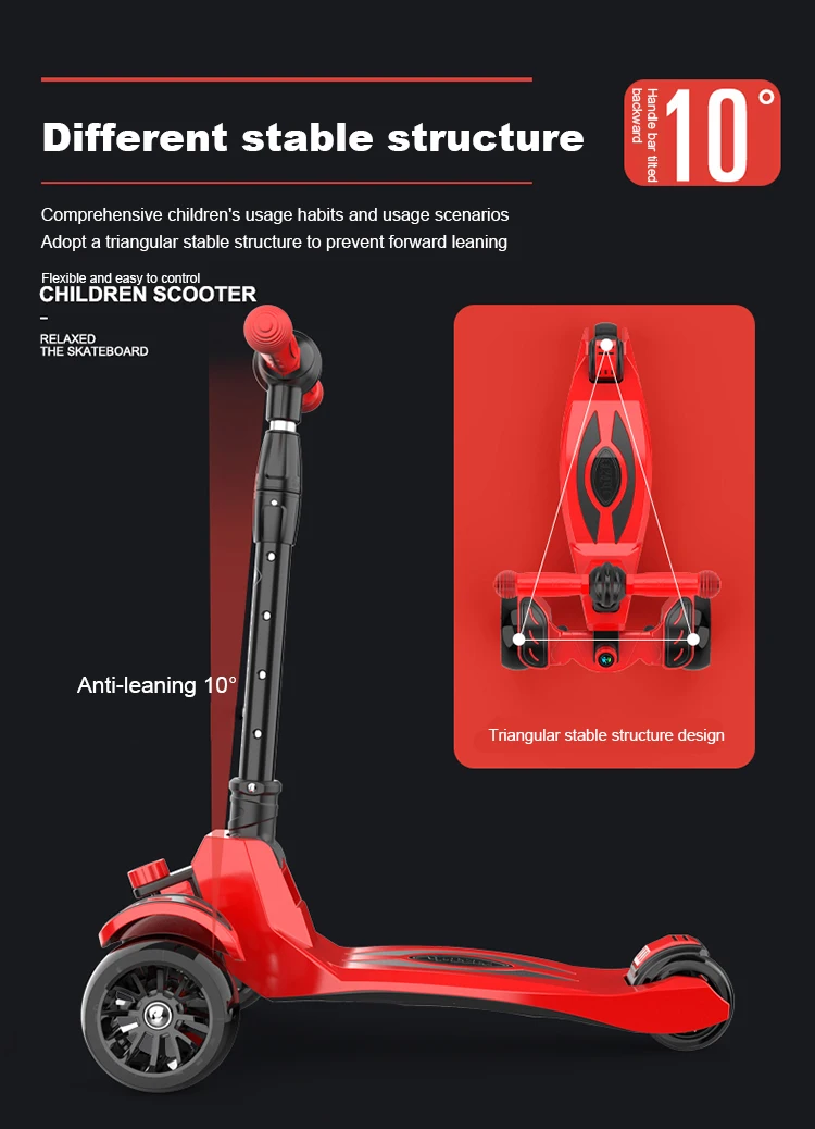 High quality 3 wheels twisty kick scooter pretty folding children scooter with big flash wheels