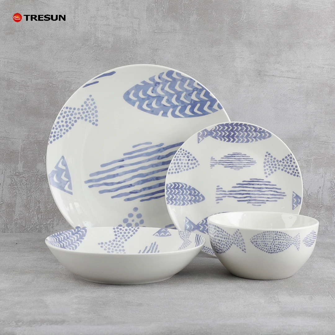 16 24 20 pieces kitchen vajilla vaisselle full wholesale western custom package fish design ceramic porcelain dinnerware set