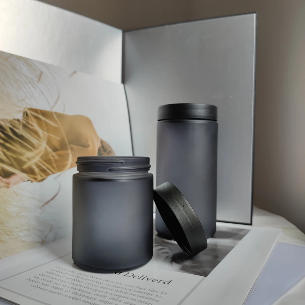 250g 8 ounce 80z  250ml amber straight sided glass bottle with matte black plastic lid for cream