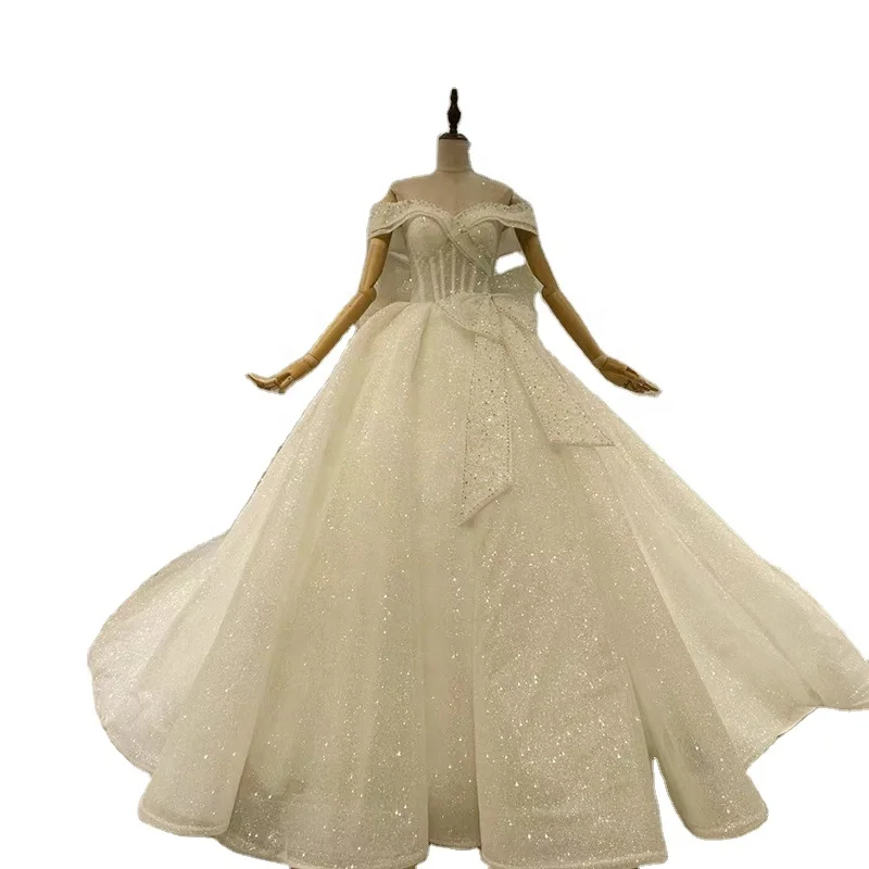 Ball Gown for bride long trailing shimmer fabric Casual Spaghetti Strap Short Dry Cleaning Wedding Dresses